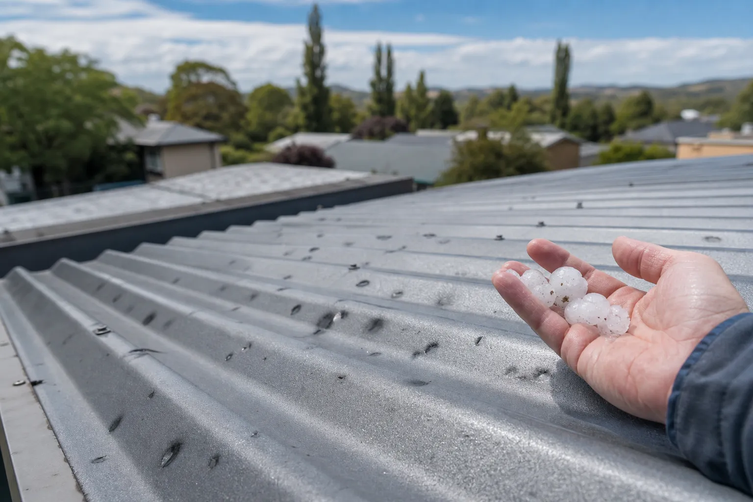 Close-up of hail-dented Colorbond roof sheeting on a Canberra home after a summer storm