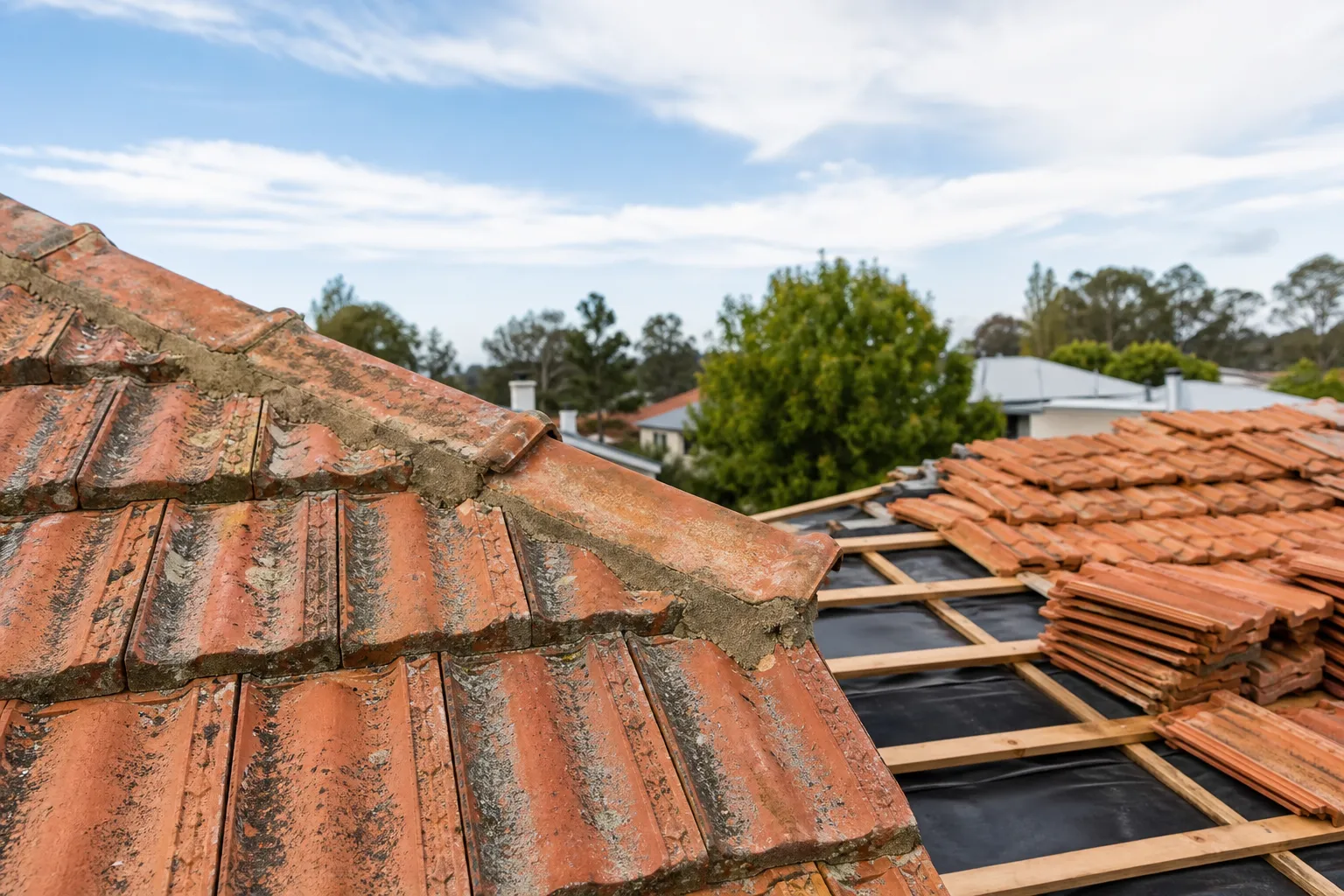 Ridge capping on a concrete-tile Canberra roof showing cracked, weathered pointing