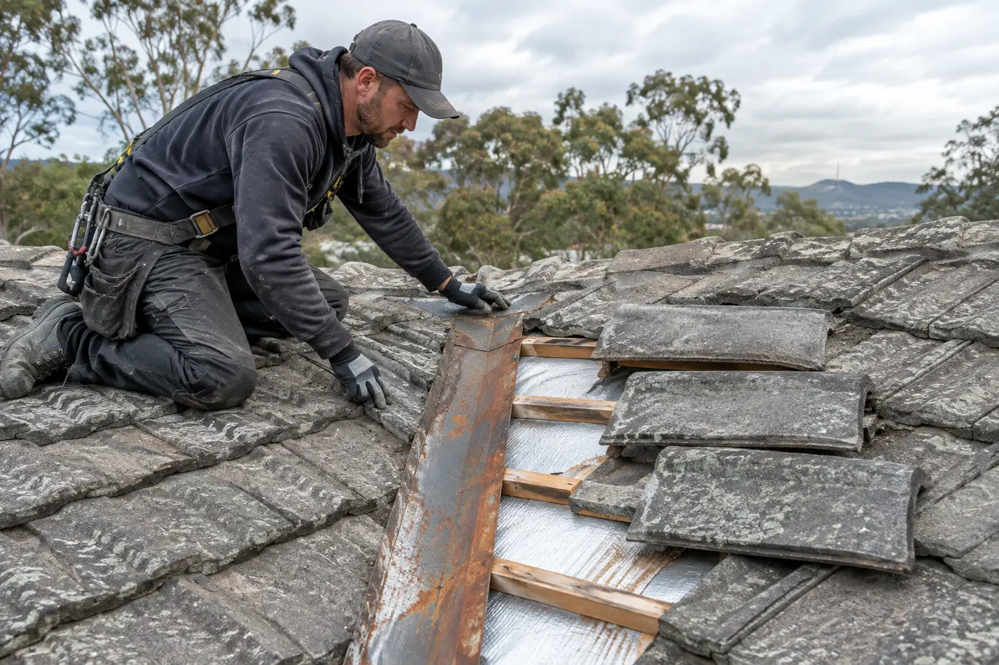 A roofer lifting concrete tiles near a valley on a Canberra roof to trace the source of a leak