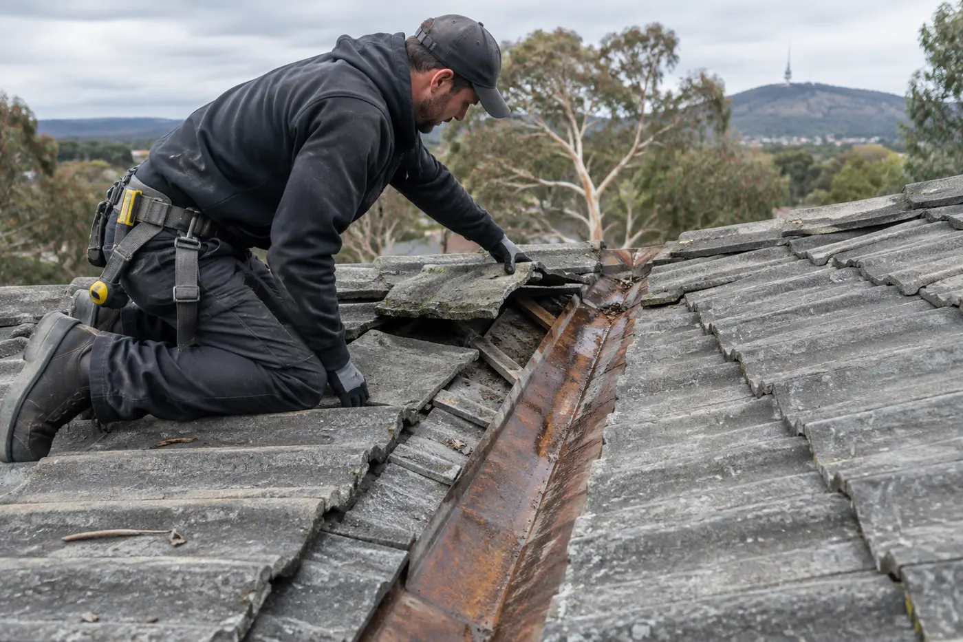 A roofer lifting concrete tiles beside a rusted valley on a Canberra roof to find the source of a leak